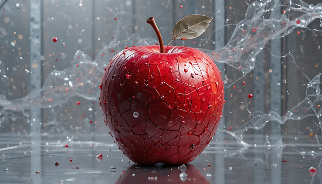 A red apple with a cracked surface texture on a reflective surface