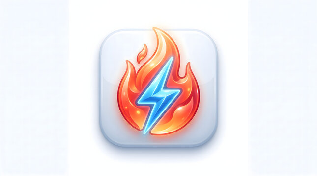 Glowing lightning bolt inside burning fire flame icon on white rounded square button represent speed energy power or boost capability graphic element template.