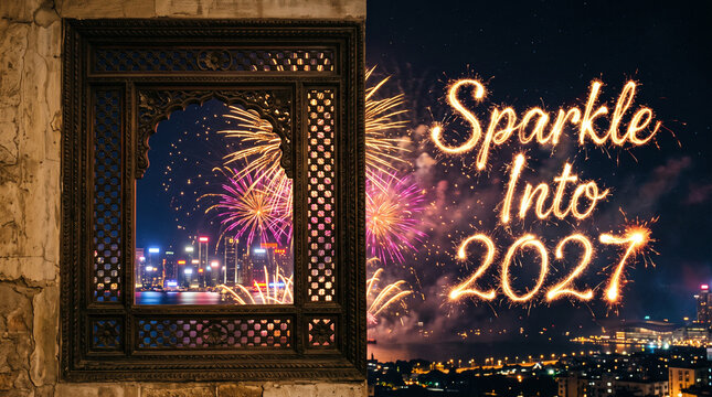 A carved wooden window frame overlooks a city skyline illuminated by vibrant new year fireworks with nighttime fireworks celebration cityscape during nighttime over glowing cityscape
