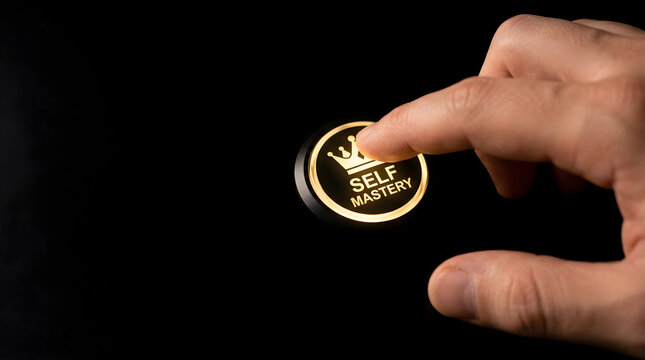 A human hand presses a glowing circular button labeled with the words self mastery