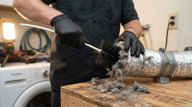 Technician cleaning lint out of a dryer vent hose with a specialized brush