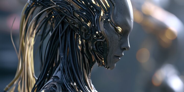 Futuristic cyborg portrait profile view detailed textures and artificial hair elements