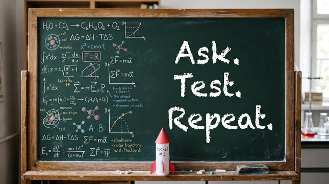 Chalkboard with scientific formulas and a paper rocket model in a school classroom setting with displays handwritten mathematical mathematical chemical equations model standing