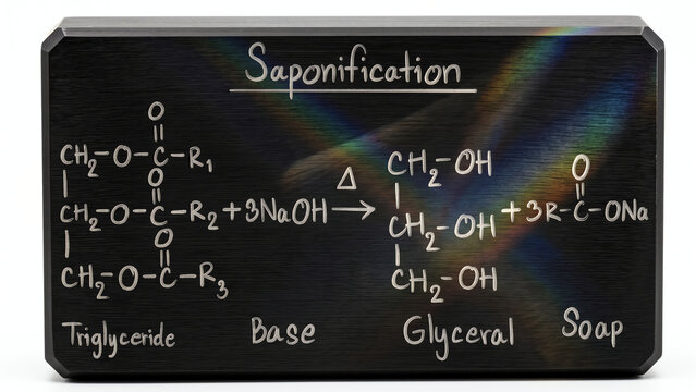 Saponification Chemical Reaction Equation Showing Triglyceride and Sodium Hydroxide Converting to Glycerol and Soap Molecules Engraved on a Dark Metallic Surface