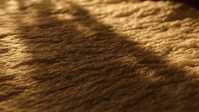 Close-up Texture of Dough with Sunlight: A warm, textured close-up shot of dough, with sunlight casting dramatic shadows across its surface, highlighting its rough, yielding quality.