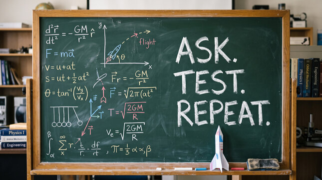 A chalkboard featuring scientific formulas and the written text ask test repeat in a classroom with green chalkboard displays complex physics equations alongside paper rocket model inspirational text