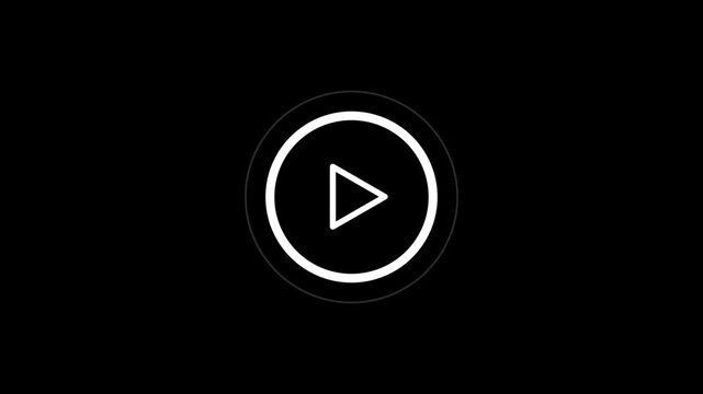 Minimalist white video play button icon on a black background. 4K ANIMATION VIDEO