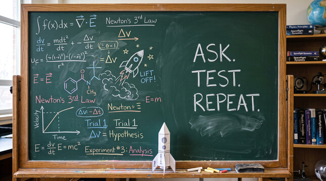 A green chalkboard featuring scientific physics equations and a small paper rocket model standing with chalkboard displays handwritten equations diagrams alongside model wooden ledge