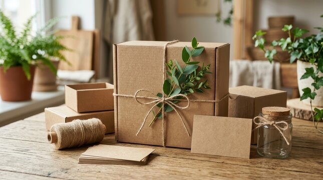 A rustic cardboard box decorated with green leaves and natural jute twine sits on a wooden workbench surrounded by parcels and plant pots in a cozy artisan workshop space for eco friendly