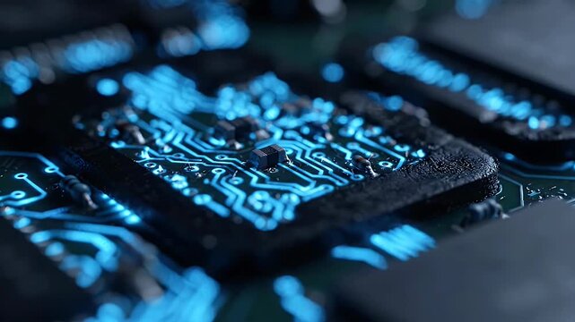 Close up of illuminated blue circuit board technology
