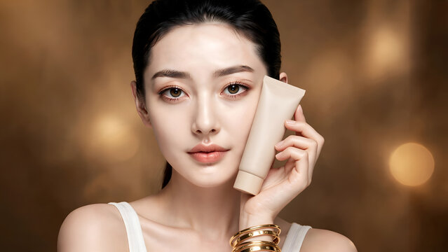 Luxury beauty portrait of Asian woman holding cosmetic tube, glowing skin model with skincare product, elegant golden bokeh background