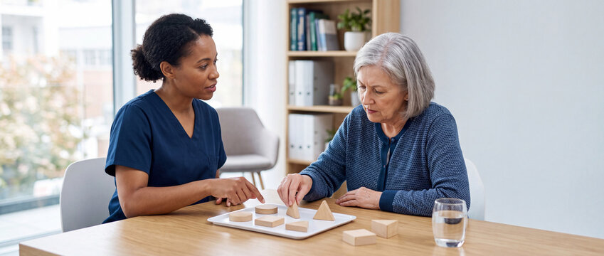 Neurologist conducts cognitive assessment with senior patient using geometric objects to evaluate memory, attention and thinking skills during neurological examination.