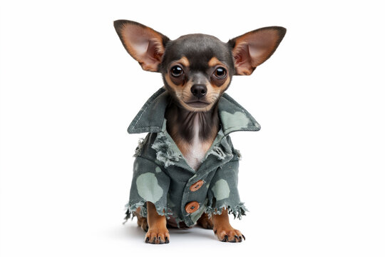 Chihuahua puppy wearing torn green zombie jacket costume, Halloween concept