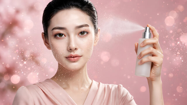 Radiant young woman applying hydrating face mist, luxury skincare beauty treatment, refreshing facial spray on soft pink bokeh background
