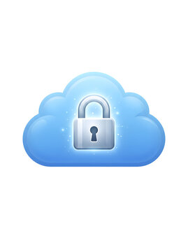 Secure cloud computing and data protection concept with blue cloud symbol and silver padlock on isolated white background.