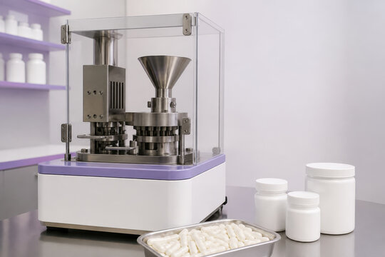 Pharmacy Capsule Filling with Blank Containers for Pharmaceutical Production, Compounding and Packaging