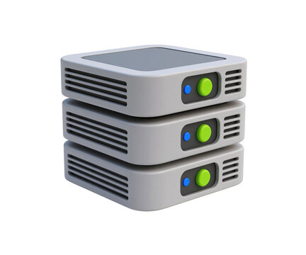 Stack of three server units with green buttons isolated on transparent background