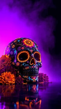 Colorful sugar skull and marigolds for D&iacute;a de Muertos with copy space