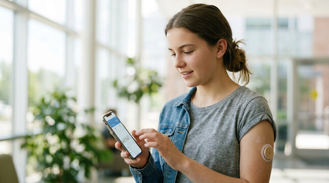 Teenager using smartphone to monitor glucose levels with continuous glucose monitor CGM device attached to arm