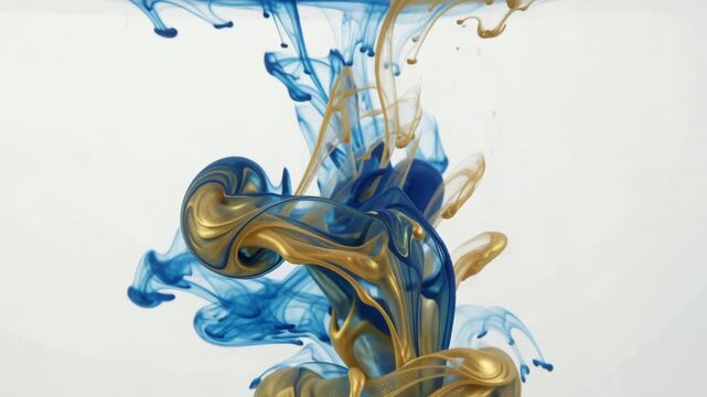 Abstract blue and gold ink swirling in water creating fluid patterns