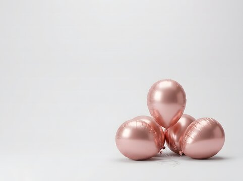 A simple arrangement of elegant rose gold balloons floats against a pristine white backdrop offering significant space for text or design elements
