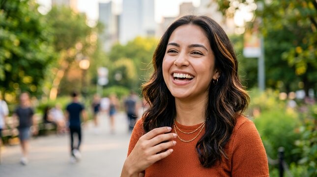 Young Woman Laughing Joyfully in a Sunny Park.