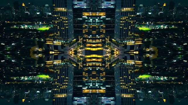 mirrored fractal cityscape skyline with symmetrical skyscraper geometry, abstract urban city architecture pattern with futuristic kaleidoscope reflection effect, technology background 4k