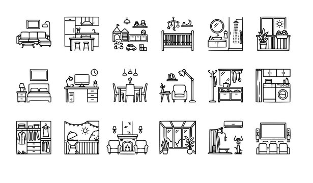 Home interior design icons with living room kitchen nursery bathroom bedroom balcony furniture and lifestyle blue vector collection