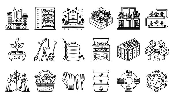 Eco city gardening icons with green rooftops vertical gardens urban farming sustainability Earth Day and agriculture blue vector collection
