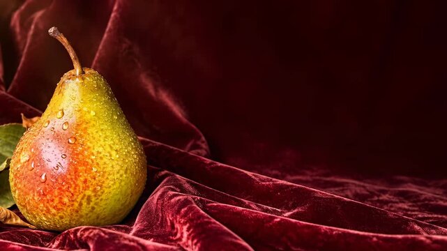 Ripe pear on dark red velvet with copy space