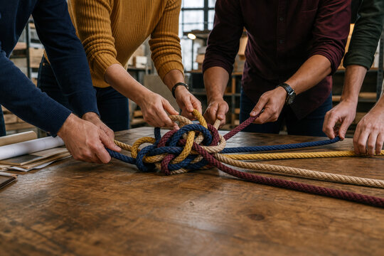 Hands Untangling Rope Knot for Problem Solving, Teamwork, Conflict Resolution and Strategy Concepts