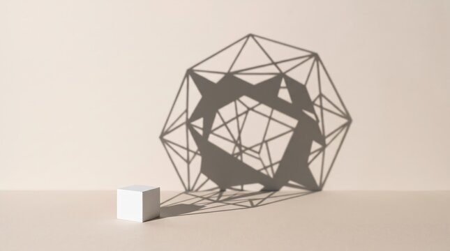 Cube stands beside an intricate wireframe shadow projection on a smooth beige background.