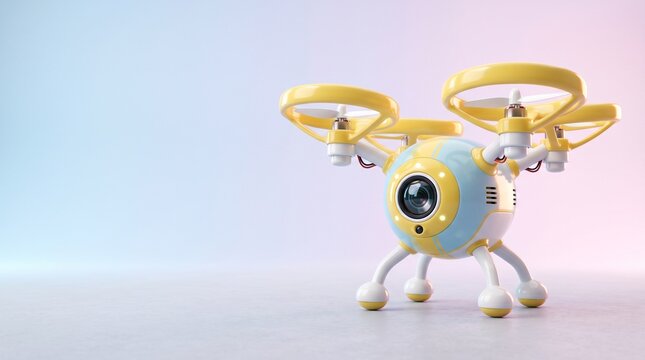 Pastel yellow and blue quadcopter drone standing on a clean studio