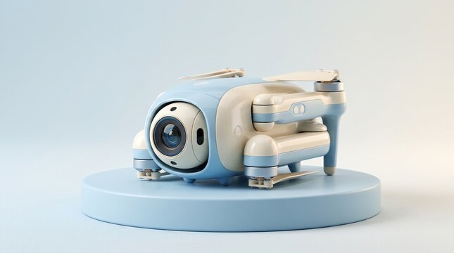 Pastel blue smart camera drone displayed on a circular podium against
