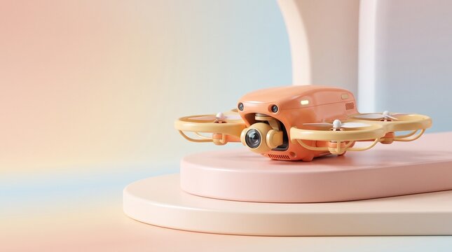 Modern pastel drone resting on a minimalist podium for technology