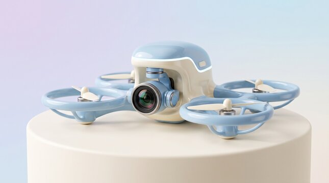 Pastel blue smart camera drone displayed on a white podium against a