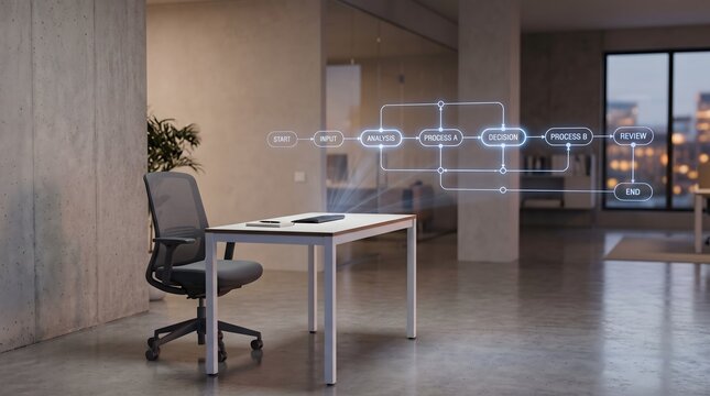 Empty office desk with glowing workflow diagram symbolizing autonomous AI agents replacing manual tasks