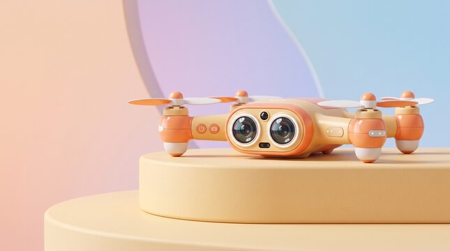 Pastel colored smart drone with dual cameras resting on a pedestal