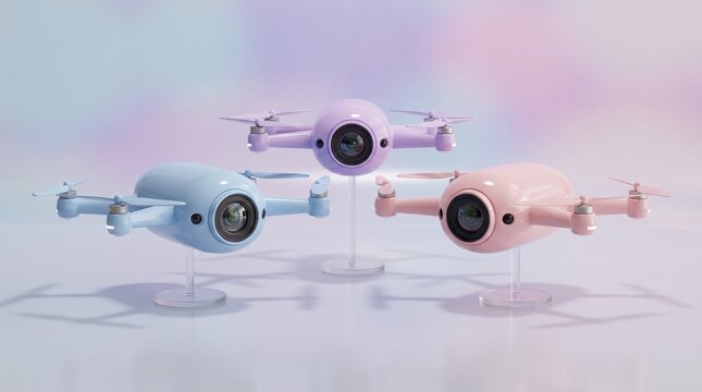 Three pastel colored camera drones displayed on stands against a soft