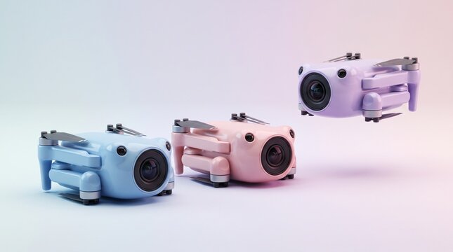 Three pastel colored camera drones floating against a soft gradient