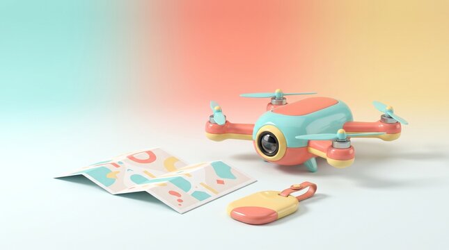 Pastel drone with a travel map and luggage tag on a soft gradient