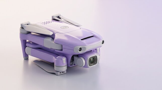 Compact purple drone in folded storage mode isolated on a clean light