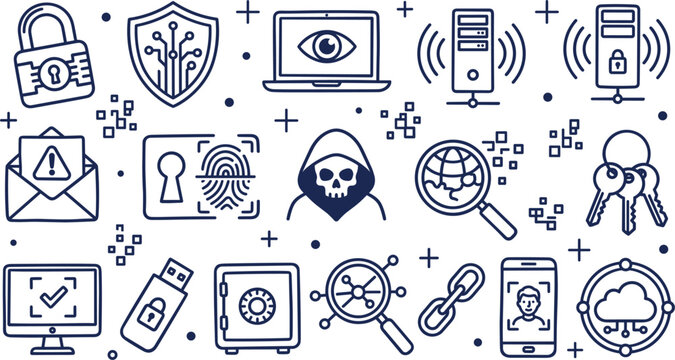 Cyber Security and Data Protection Icon Set with Hacker Threat Network Defense and Privacy Symbols for Corporate Web Designs