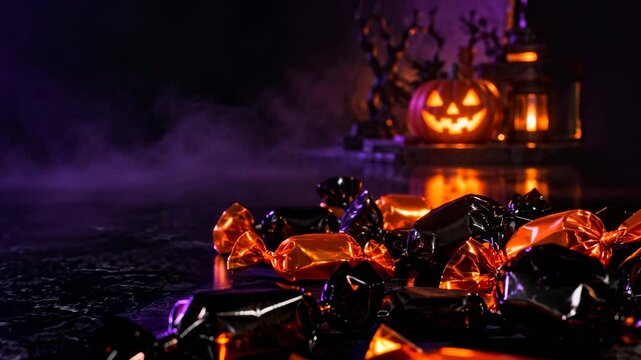 Neon Halloween candy with glowing pumpkin in background and copy space