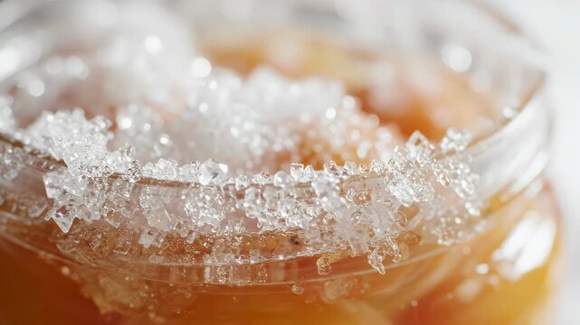 Crystallized sugar on top of preserves in a glass jar