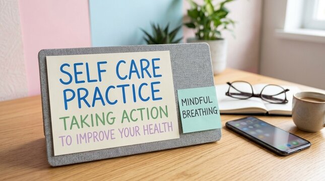 Self Care Practice Taking Action to Improve Health and Mindful Breathing Desk Setup with Plants and Notebook