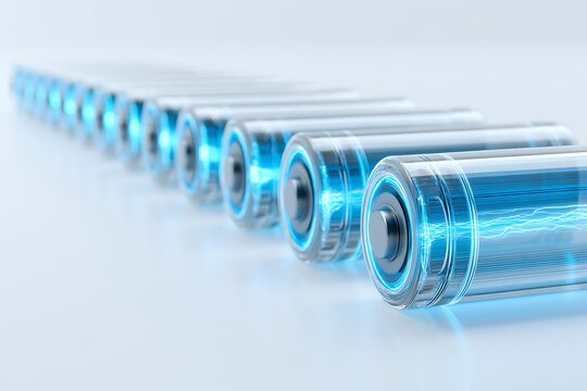 Transparent cylindrical battery cells arranged in a clean row, glowing blue energy moving sequentially from cell to cell,