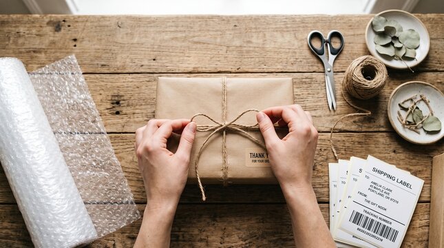 Top-down view of person wrapping a gift package with brown paper and twine on rustic wooden table