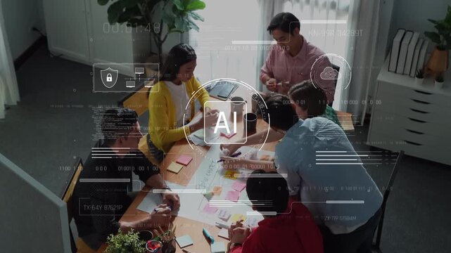 A diverse group of professionals engages in lively collaboration in an office setting, utilizing AI tools and brainstorming techniques for effective project planning. Raster