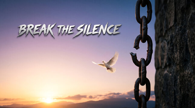A white dove flies toward a broken metal chain against a sunset sky background with chain hanging near stone wall sunset air toward independence inspiration liberation with connection